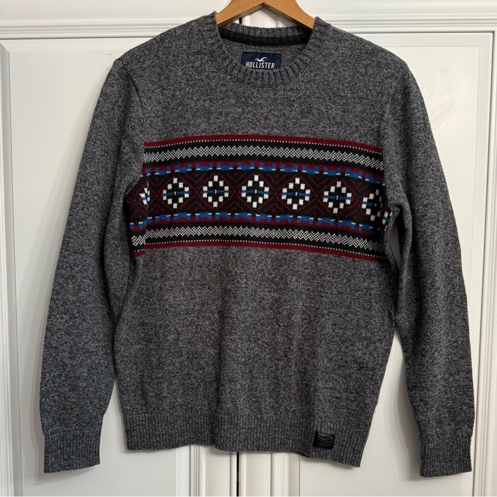 Hollister Men's Size Medium Grey Crew Neck Fair Isle Sweater Nordic Snowflake